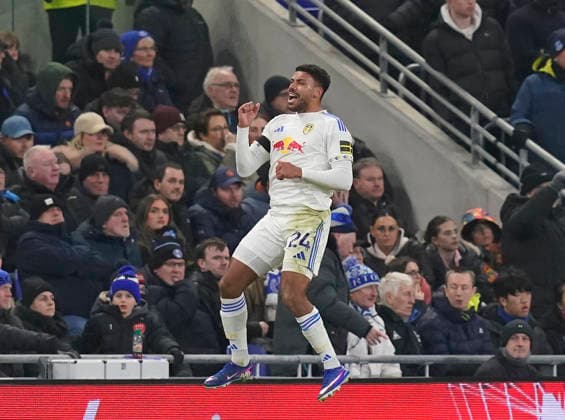 Liverpool, England, 26th January 2026. James Justin of Leeds United celebrates scoring the first goal during the Everton vs Leeds United Premier League match at Hill Dickinson Stadium, Liverpool. Picture credit should read: Andrew Yates Sportimage EDITORIAL USE ONLY. No use with unauthorised audio, video, data, fixture lists, club league logos or live services. Online in-match use limited to 120 images, no video emulation. No use in betting, games or single club league player publications. SPI_033_AY_Everton_Leeds SPI-4481-0033