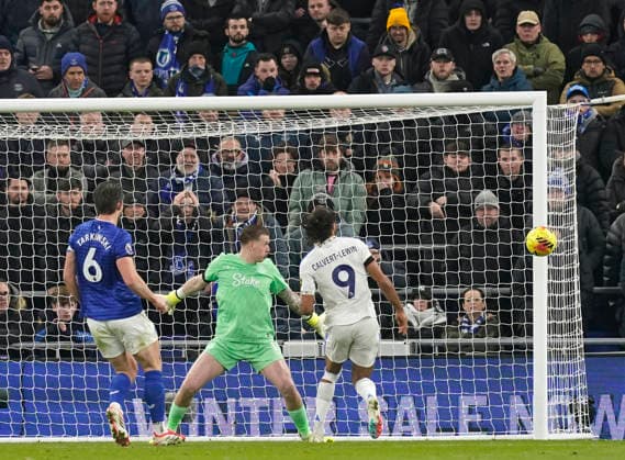 Liverpool, England, 26th January 2026. Dominic Calvert-Lewin of Leeds United hits the post during the Everton vs Leeds United Premier League match at Hill Dickinson Stadium, Liverpool. Picture credit should read: Andrew Yates Sportimage EDITORIAL USE ONLY. No use with unauthorised audio, video, data, fixture lists, club league logos or live services. Online in-match use limited to 120 images, no video emulation. No use in betting, games or single club league player publications. SPI_036_AY_Everton_Leeds SPI-4481-0036