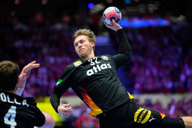 European Men s Handball Championship: Denmark - Germany Germanys Franz Semper shoots during the EHF Euro 2026 main round men s handball match between Denmark and Germany at Jyske Bank Boxen in Herning, Monday, January 26, 2026. (Photo: Bo Amstrup Scanpix 2026) , Herning Denmark Copyright: BoxAmstrupx spdk20260126-215343-L