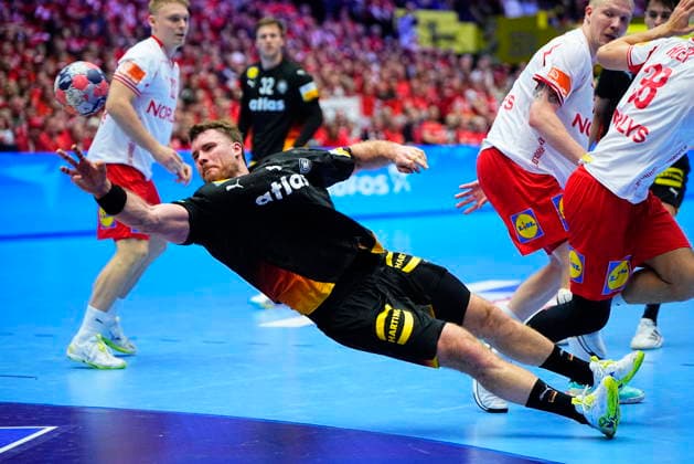 European Men s Handball Championship: Denmark - Germany Germanys Johannes Golla shoots during the EHF Euro 2026 main round men s handball match between Denmark and Germany at Jyske Bank Boxen in Herning, Monday, January 26, 2026. (Photo: Bo Amstrup Scanpix 2026) , Herning Denmark Copyright: BoxAmstrupx spdk20260126-215525-L