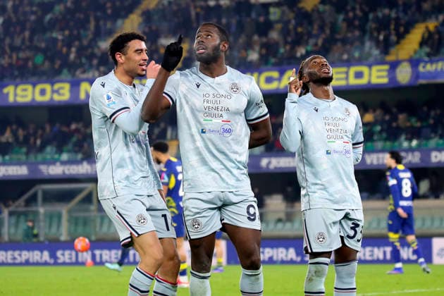 Udinese s Keinan Davis celebration goal 1-3 during the Serie A soccer match between Hellas Verona and Udinese at the Bentegodi Stadium in Verona, north west Italy - Monday , January 26 , 2026. - Soccer .  Copyright: xPaolaxGarbuio LaPressex