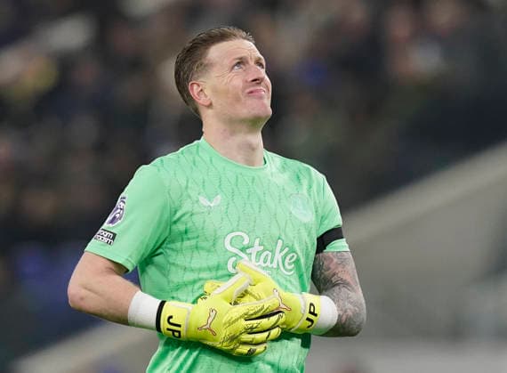 Liverpool, England, 26th January 2026. Jordan Pickford of Everton celebrates their equalising goal during the Everton vs Leeds United Premier League match at Hill Dickinson Stadium, Liverpool. Picture credit should read: Andrew Yates Sportimage EDITORIAL USE ONLY. No use with unauthorised audio, video, data, fixture lists, club league logos or live services. Online in-match use limited to 120 images, no video emulation. No use in betting, games or single club league player publications. SPI_049_AY_Everton_Leeds SPI-4481-0049