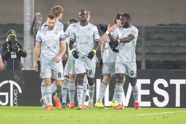 Keinan Davis of Udinese FC celebrates with team mate during Hellas Verona FC vs Udinese Calcio, 22Â° Serie A Enilive 2025-26 game at Marcantonio Bentegodi stadium in Verona (VR), Italy, on January 26, 2026.  Copyright: xDavidexCasentini IPAxSportx xipa-agency.netx xx IPA_70600788 IPA_Agency_IPA70600788