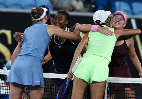 (260127) -- MELBOURNE, Jan. 27, 2026 -- Zhang Shuai (2nd R) Elise Mertens (1st L) greet with Hailey Baptiste (2nd L) Peyton Stearns after the women s doubles 3rd round match between Zhang Shuai (China) Elise Mertens (Belgium) and Hailey Baptiste Peyton Stearns of the United States at the Australian Open tennis tournament in Melbourne, Australia, Jan. 27, 2026. ) (SP)AUSTRALIA-MELBOURNE-TENNIS-AUSTRALIAN OPEN-WOMEN S DOUBLES MaxPing 