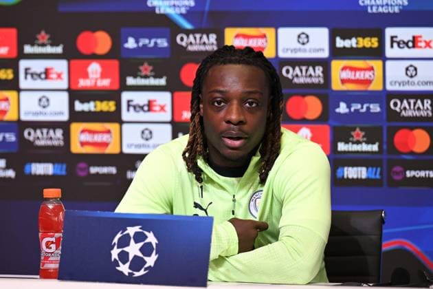 Ahead of Manchester City v Galatasaray - UEFA Champions League MANCHESTER, UNITED KINGDOM - JANUARY 27: Manchester City player Jeremy Doku delivers remarks during a press conference, PK, Pressekonferenz ahead of the UEFA Champions League eighth-round match between Manchester City and Galatasaray at Etihad Stadium in Manchester, United Kingdom, on January 27. Rasid Necati Aslim Anadolu Manchester United, ManU Kingdom. Editorial use only. Please get in touch for any other usage.  Copyright: x2026xAnadoluxRasidxNecatixAslimx
