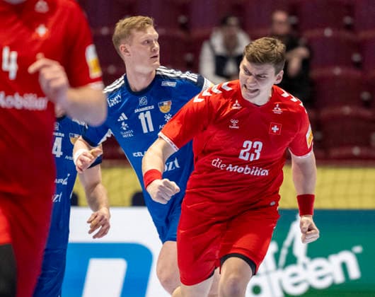 MALMÖ 2026-01-27 Switzerland s Lukas Laube reacts after goal in action during the 2026 EHF European Men s Handball Championship (the EHF Euro 2026) main round round match between Switzerland and Iceland at the Malmö Arena, in Malmö, Sweden, on January 27, 2026. MALMÖ SWEDEN x50090x