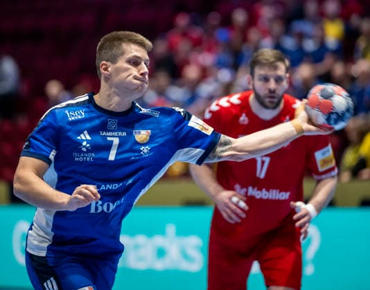 MALMÖ 2026-01-27 Iceland™s Viggo Kristjansson in action during the 2026 EHF European Men s Handball Championship (the EHF Euro 2026) main round match between Switzerland and Iceland at the Malmö Arena, in Malmö, Sweden, on January 27, 2026. MALMÖ SWEDEN x50090x