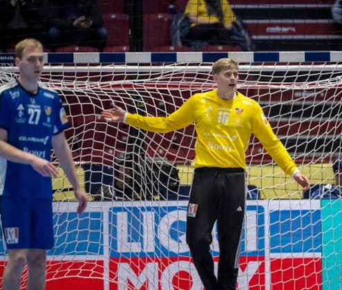 MALMÖ 2026-01-27 Iceland™s Einar Olafsson and goalkeeper Viktor Gisli Hallgrimsson in action during the 2026 EHF European Men s Handball Championship (the EHF Euro 2026) main round match between Switzerland and Iceland at the Malmö Arena, in Malmö, Sweden, on January 27, 2026. MALMÖ SWEDEN x50090x