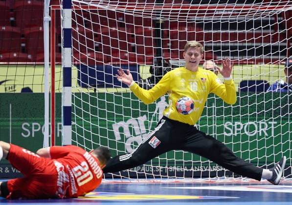 Switzerland v Iceland - MenÂ s EHF EURO 2026 MALMO, SWEDEN - JANUARY 27: Viktor Hallgrimsson of Iceland defends a goal during the Men s EHF Euro 2026 match between Iceland and Switzerland at Malmo Arena on January 27, 2026 in Malmo, Sweden.  SanjinxStrukic PIXSELL