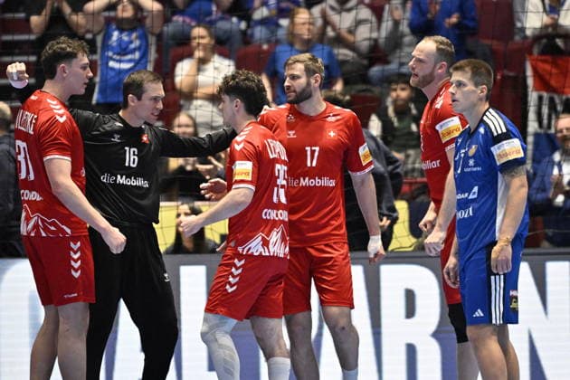 MALMÖ, SWEDEN 20260127 Swiss players celebrate after the 2026 EHF European Men s Handball Championship (the EHF Euro 2026) main round match between Switzerland and Iceland at Malmö Arena, in Malmö, Sweden, on January 27, 2026. MALMÖ SWEDEN x50090x