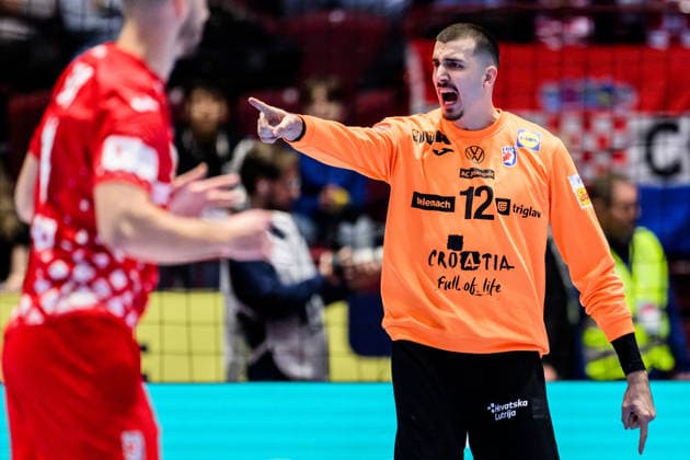 260127 Goalkeeper Matej Mandic of Croatia celebrates during the EHF European Handball Championship main round match between Slovenia and Croatia on January 27, 2026 in Malmö. Photo: Petter Arvidson BILDBYRAN kod PA PA1141 handball handboll handball handbolls-em 2026 slovenien slovenia croatia kroatien ehf european handball championship bbeng grappa33 jubel Copyright: PETTERxARVIDSON BB260127PA077