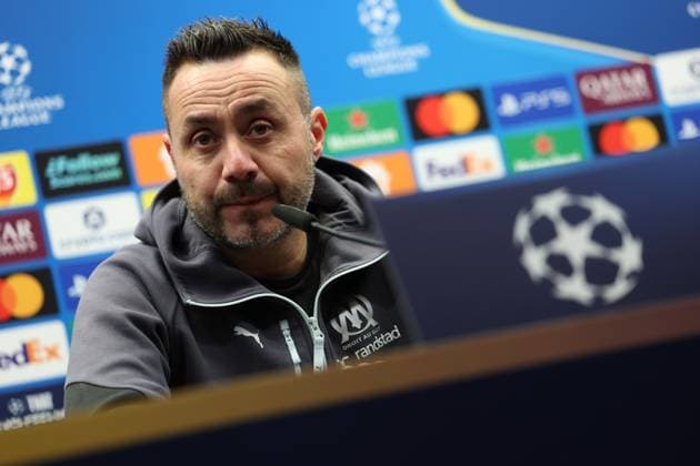 Marseille s head coach Roberto De Zerbi pictured during a press conference, PK, Pressekonferenz of French soccer team Olympique de Marseille, on Tuesday 27 January 2026 in Brugge. The team is preparing for tomorrow s game against Belgian Club Brugge KV, on day eight of the League phase of the UEFA Champions League tournament. KURTxDESPLENTER  x159065745x