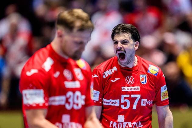 260127 Filip Glavas of Croatia celebrates during the EHF European Handball Championship main round match between Slovenia and Croatia on January 27, 2026 in Malmö. Photo: Petter Arvidson BILDBYRAN kod PA PA1141 handball handboll handball handbolls-em 2026 slovenien slovenia croatia kroatien ehf european handball championship bbeng grappa33 jubel Copyright: PETTERxARVIDSON BB260127PA103