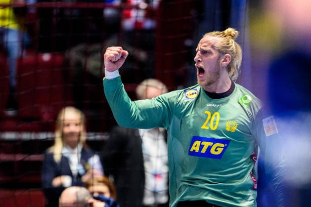 260127 Goalkeeper Mikael Appelgren of Sweden celebrates during the EHF European Handball Championship main round match between Sweden and Hungary on January 27, 2026 in Malmö. Photo: Petter Arvidson BILDBYRAN kod PA PA1142 handball handboll handball handbolls-em 2026 sverige sweden hungary ehf european handball championship ungern bbeng jubel Copyright: PETTERxARVIDSON BB260127PA153