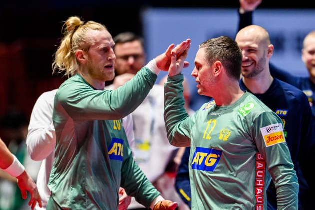 260127 Goalkeeper Mikael Appelgren and goalkeeper Andreas Palicka during the EHF European Handball Championship main round match between Sweden and Hungary on January 27, 2026 in Malmö. Photo: Petter Arvidson BILDBYRAN kod PA PA1142 handball handboll handball handbolls-em 2026 sverige sweden hungary ehf european handball championship ungern bbeng Copyright: PETTERxARVIDSON BB260127PA154