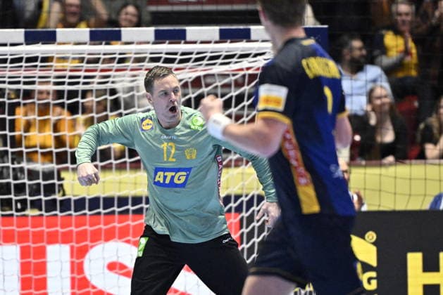 MALMÖ, SVERIGE 20260127 Sveriges malvakt Andreas Palicka jublar efter en räddning under matchen i mellanrundan i handbolls-EM mellan Sverige och Ungern i Malmö Arena, Malmö, Sverige, 25 januari, 2026. MALMÖ SVERIGE x50090x