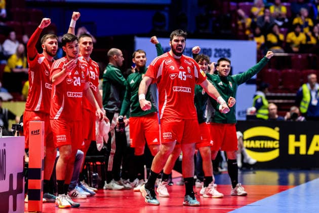 260127 Miklos Rosta of Hungary celebrates during the EHF European Handball Championship main round match between Sweden and Hungary on January 27, 2026 in Malmö. Photo: Petter Arvidson BILDBYRAN kod PA PA1142 handball handboll handball handbolls-em 2026 sverige sweden hungary ehf european handball championship ungern bbeng jubel Copyright: PETTERxARVIDSON BB260127PA214