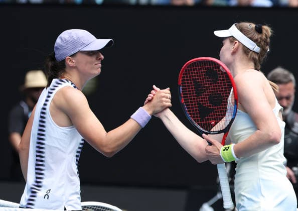 January 28, 2026, Melbourne, Victoria, Australia: ELENA RYBAKINA of Kazakhstan and IGA SWIATEK of Poland after the match in the quarter final of Australian Open, Melbourne, Australia. Rybakina won 7:5, 6:1. Melbourne Australia - ZUMAc278 20260128_zsp_c278_022 Copyright: xMarcinxCholewinskix