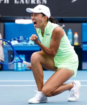 (260128) -- MELBOURNE, Jan. 28, 2026 -- Zhang Shuai celebrates winning during the women s doubles quarterfinal match between Zhang Shuai (China) Elise Mertens (Belgium) and Wu Fang-Hsien (Chinese Taipei) Hozumi Eri (Japan) at the Australian Open tennis tournament in Melbourne, Australia, Jan. 28, 2026. ) (SP)AUSTRALIA-MELBOURNE-TENNIS-AUSTRALIAN OPEN-WOMEN S DOUBLES-QUARTERFINALS MaxPing 