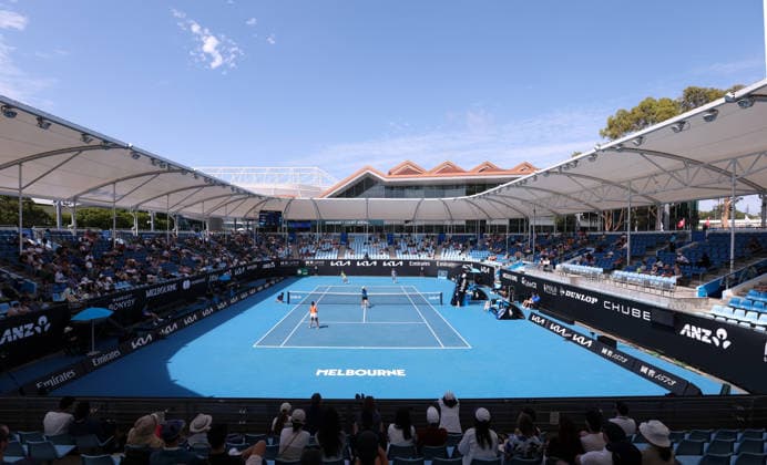 (260128) -- MELBOURNE, Jan. 28, 2026 -- This photo taken on Jan. 28, 2026 shows the women s doubles quarterfinal match between Zhang Shuai (China) Elise Mertens (Belgium) and Wu Fang-Hsien (Chinese Taipei) Hozumi Eri (Japan) at the Australian Open tennis tournament in Melbourne, Australia. ) (SP)AUSTRALIA-MELBOURNE-TENNIS-AUSTRALIAN OPEN-WOMEN S DOUBLES-QUARTERFINALS MaxPing 