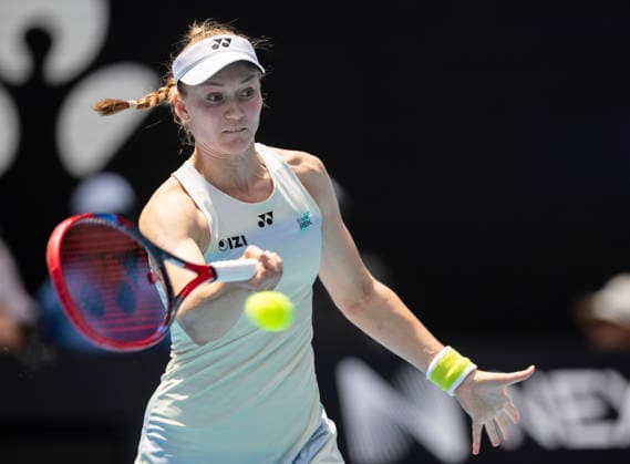 (260128) -- MELBOURNE, Jan. 28, 2026 -- Elena Rybakina hits a return during the women s singles quarterfinal match between Elena Rybakina of Kazakhstan and Iga Swiatek of Poland at the Australian Open tennis tournament in Melbourne, Australia, Jan. 28, 2026. (Photo by Xinhua) (SP)AUSTRALIA-MELBOURNE-TENNIS-AUSTRALIAN OPEN-WOMEN S SINGLES-QUARTERFINALS HuxJingchen 