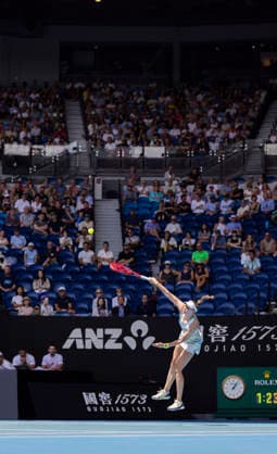 (260128) -- MELBOURNE, Jan. 28, 2026 -- Elena Rybakina serves during the women s singles quarterfinal match between Elena Rybakina of Kazakhstan and Iga Swiatek of Poland at the Australian Open tennis tournament in Melbourne, Australia, Jan. 28, 2026. (Photo by Xinhua) (SP)AUSTRALIA-MELBOURNE-TENNIS-AUSTRALIAN OPEN-WOMEN S SINGLES-QUARTERFINALS HuxJingchen 