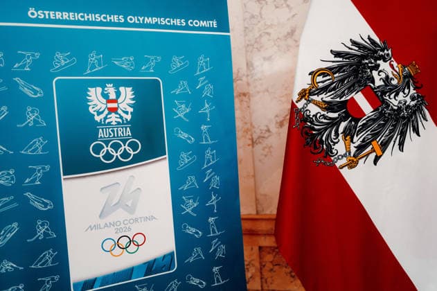OLYMPICS - Winter Olympic Games, Olympische Spiele, Olympia, OS Milano Cortina 2026 VIENNA,AUSTRIA,28.JAN.26 - OLYMPICS - Winter Olympic Games Milano Cortina 2026, preview, Vereidigung Olympic Team Austria. Image shows the OEOC rollup and the flag of Austria.  GEPAxpictures xAlexanderxSolc