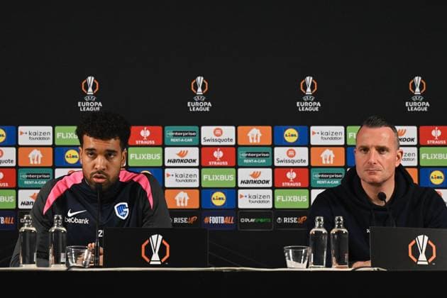 Genk s goalkeeper Tobias Lawal and Genk s head coach Nicky Hayen a press conference, PK, Pressekonferenz of Belgian soccer team KRC Genk in Genk, on Wednesday 28 January 2026. The team is preparing for tomorrow s match against Swedish team Malmo FF, on day eight of the League phase of the UEFA Europa League tournament. JOHAN EYCKENS JohanxEyckens  x159264427x