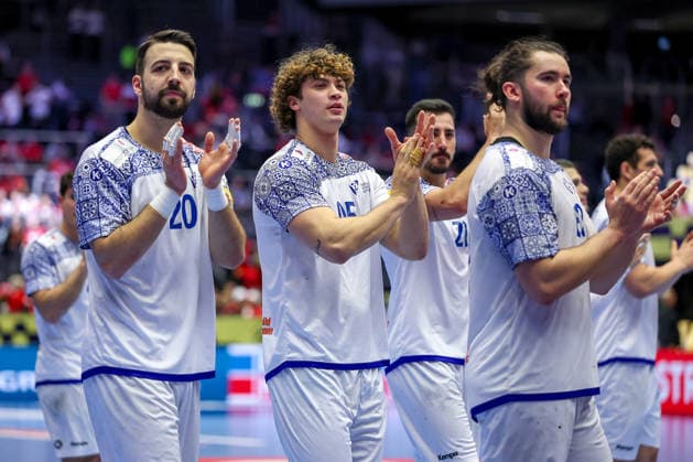 28.01.2026, Handball, Men s EHF EURO 2026, Spanien - Portugal, Jyske Bank Boxen in Herning, Dänemark, Main Round: Abschlussjubel Portugal nach dem Sieg gegen Spanien Dänemark