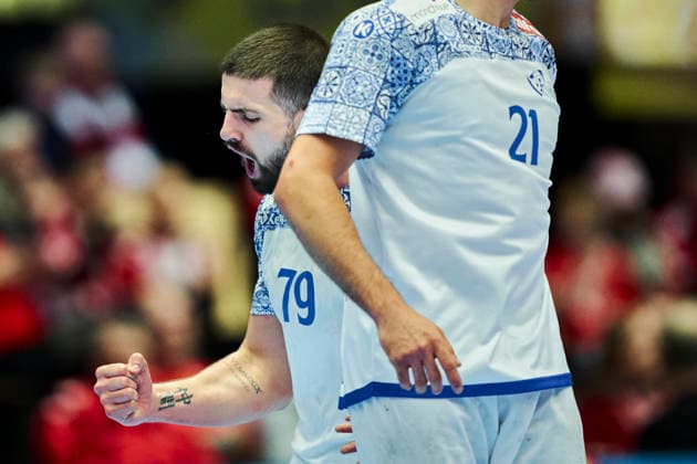DENMARK Men s European Handball Championship: Spain - Portugal Portugal s Martim Costa and Leonel Fernandes during the EHF Euro 2026 main round men s handball match between Spain and Portugal at Jyske Bank Boxen in Herning, Wednesday, January 28, 2026. (Photo: Thomas Traasdahl Ritzau Scanpix) , Herning Denmark Copyright: RitzauxScanpix ThomasxTraasdahlx spdk20260128-173651-L
