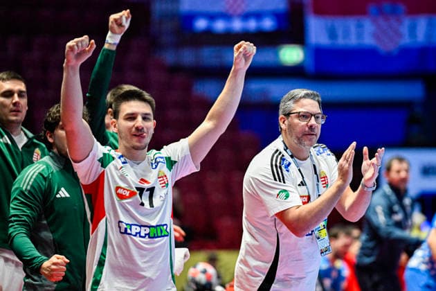 Hungary s Egon Hanusz and head coach JosÃ Rodriguez celebrate during the 2026 EHF European Men s Handball Championship (the EHF Euro 2026) main round match between Croatia and Hungary at Malmö Arena, in Malmö, Sweden, on January 28, 2026. MALMÖ SWEDEN x50090x