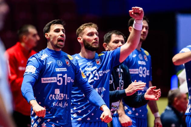 260128 Ivan Martinovic and Zlatko Rauzan of Croatia celebrates during the EHF European Handball Championship main round match between Croatia and Hungary on January 28, 2026 in Malmö. Photo: Petter Arvidson BILDBYRAN kod PA PA1144 handball handboll handball handbolls-em 2026 croatia hungary kroatien ungern ehf european handball championship bbeng grappa33jubel celebrates Copyright: PETTERxARVIDSON BB260128PA046