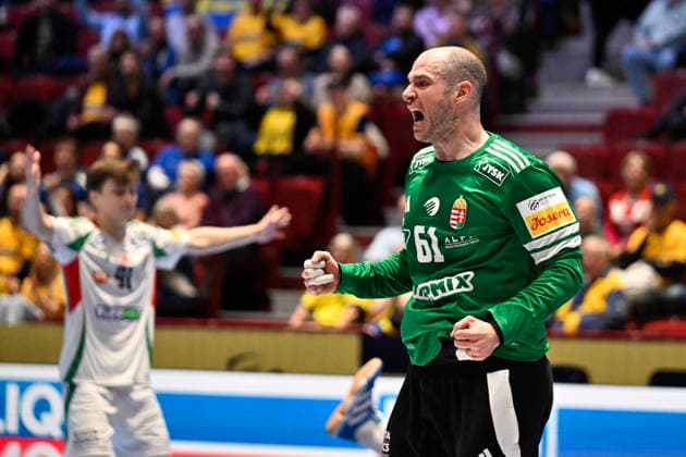 Hungary s goalkeeper Laszlo Bartucz celebrates during the 2026 EHF European Men s Handball Championship (the EHF Euro 2026) main round match between Croatia and Hungary at Malmö Arena, in Malmö, Sweden, on January 28, 2026. MALMÖ SWEDEN x50090x