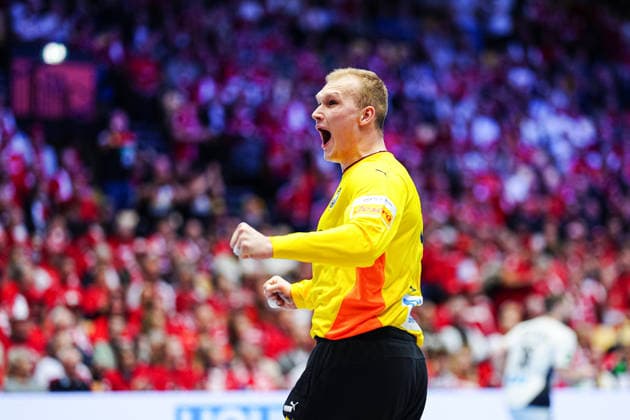 Jubel nach Parade David Spaeth (Deutschland, 01) DEN, Deutschland vs. Frankreich, Handball, EHF Europameisterschaft 2026, Hauptrunde, Spieltag 4, 28.01.2026 DEN, Deutschland vs. Frankreich, Handball, EHF Europameisterschaft 2026, Hauptrunde, Spieltag 4, 28.01.2026 Herning Copyright: xEibner-Pressefoto MarcelxvonxFehrnx EP_MFN