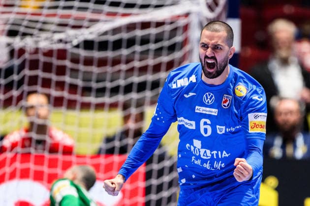 260128 Mario Sostaric of Croatia celebrates during the EHF European Handball Championship main round match between Croatia and Hungary on January 28, 2026 in Malmö. Photo: Petter Arvidson BILDBYRAN kod PA PA1144 handball handboll handball handbolls-em 2026 croatia hungary kroatien ungern ehf european handball championship bbeng grappa33jubel celebrates Copyright: PETTERxARVIDSON BB260128PA068
