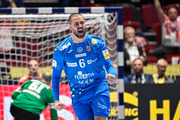 Croatia s Mario SostariÄ‡ celebrates during the 2026 EHF European Men s Handball Championship (the EHF Euro 2026) main round match between Croatia and Hungary at Malmö Arena, in Malmö, Sweden, on January 28, 2026. MALMÖ SWEDEN x50090x
