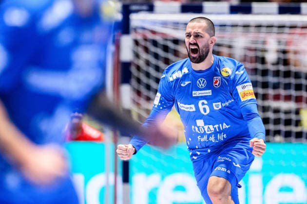260128 Mario Sostaric of Croatia celebrates during the EHF European Handball Championship main round match between Croatia and Hungary on January 28, 2026 in Malmö. Photo: Petter Arvidson BILDBYRAN kod PA PA1144 handball handboll handball handbolls-em 2026 croatia hungary kroatien ungern ehf european handball championship bbeng grappa33 jubel Copyright: PETTERxARVIDSON BB260128PA081