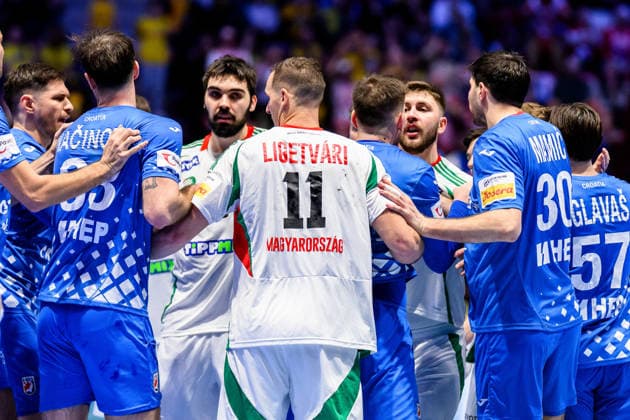 260128 Frustration between Hungarian and Croatian players after the EHF European Handball Championship main round match between Croatia and Hungary on January 28, 2026 in Malmö. Photo: Petter Arvidson BILDBYRAN kod PA PA1144 handball handboll handball handbolls-em 2026 croatia hungary kroatien ungern ehf european handball championship bbeng grappa33 Copyright: PETTERxARVIDSON BB260128PA089