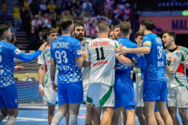 MALMÖ, SVERIGE 20260128 Players argue at the end of the 2026 EHF European Men s Handball Championship (the EHF Euro 2026) main round match between Croatia and Hungary at Malmö Arena, in Malmö, Sweden, on January 28, 2026. MALMÖ SVERIGE x50090x