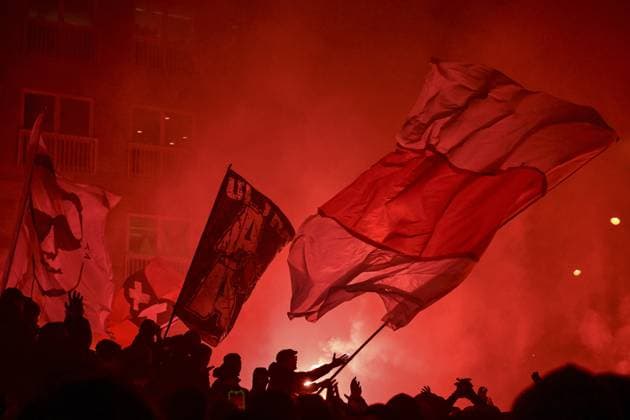 AMSTERDAM Supporters outside the stadium for the UEFA Champions League match between AFC Ajax and Olympiacos Piraeus at the Johan Cruijff ArenA on January 28, 2026, in Amsterdam, Netherlands. OLAF KRAAK ANP UEFA Champions League 2025-2026 xVIxANPxSportx xxANPxIVx 548909112 originalFilename: 548909112.jpg