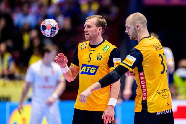 260128 Max Darj and Lukas Sandell of Sweden during the EHF European Handball Championship main round match between Switzerland and Sweden on January 28, 2026 in Malmö. Photo: Petter Arvidson BILDBYRAN kod PA PA1145 handball handboll handball handbolls-em 2026 schweiz sverige sweden ehf european handball championship switzerland bbeng Copyright: PETTERxARVIDSON BB260128PA122