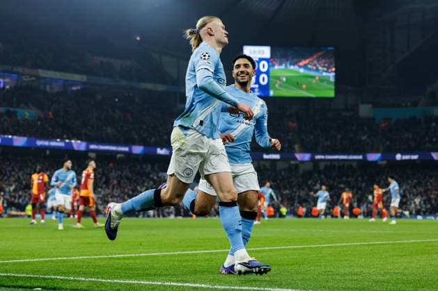 Manchester, England, 28th January 2026. Erling Haaland of Manchester City celebrates his goal to make it 1-0 during the Manchester City vs Galatasaray UEFA Champions League match at the Etihad Stadium, Manchester. Picture credit should read: Cody Froggatt Sportimage EDITORIAL USE ONLY. No use with unauthorised audio, video, data, fixture lists, club league logos or live services. Online in-match use limited to 120 images, no video emulation. No use in betting, games or single club league player publications. SPI_019_CF_Man_City_Galatasaray SPI-4489-0046