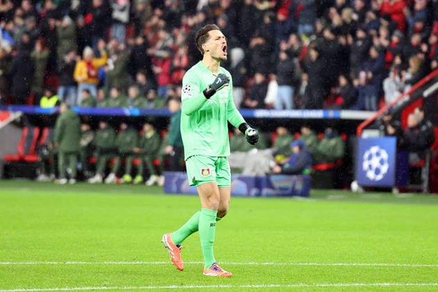 28.01.2026, xrekx, Fussball UEFA Champions League, Bayer 04 Leverkusen - FC Villareal v.l. Janis Blaswich (Bayer 04 Leverkusen) bejubelt das 1:0 von Malik Tillman (Bayer 04 Leverkusen) (DFL DFB REGULATIONS PROHIBIT ANY USE OF PHOTOGRAPHS as IMAGE SEQUENCES and or QUASI-VIDEO) Leverkusen