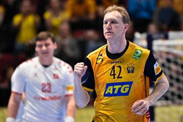 Sweden s Eric Johansson celebrates during the 2026 EHF European Men s Handball Championship (the EHF Euro 2026) main round match between Switzerland and Sweden at Malmö Arena, Malmö, Sweden, January 28, 2026. MALMÖ SWEDEN x50090x