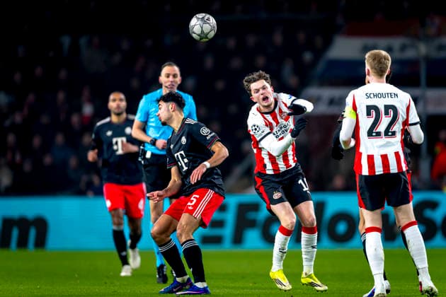 SC Bayern Munchen midfielder Aleksander Pavlovic, PSV Eindhoven midfielder Paul Wanner during the match PSV Eindhoven vs FC Bayern Munchen at the Philips stadium for the Champions League - League phase - Matchday 8 season 2025-2026 in EINDHOVEN, Netherlands on 28 01 2026, -