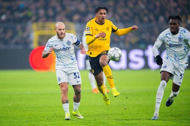 28.01.2026 - Fußball, 2025 2026, UEFA Champions League, 8. Spieltag, Borussia Dortmund - Inter Mailand: (L-R) Federico Dimarco (Mailand), Filippo Mane (Dortmund), Yann Bisseck (Mailand)