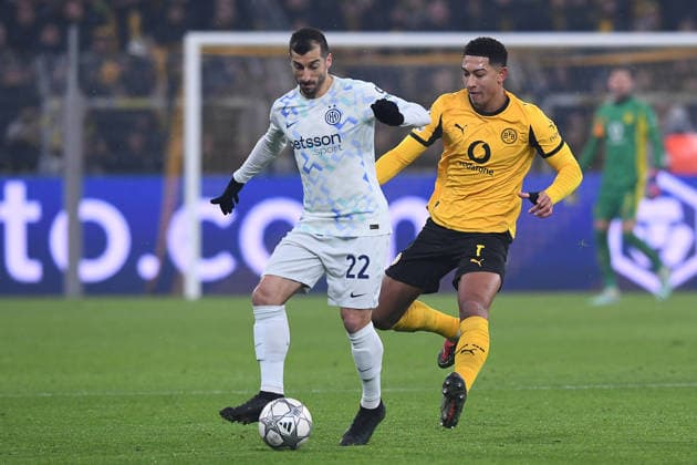 Fußball UEFA Champions League 8. Spieltag Borussia Dortmund - Inter Mailand am 28.01.2026 im Signal Iduna Park in Dortmund Henrikh Mkhitaryan ( Mailand ), vorne - Jobe Bellingham ( Dortmund ), hinten