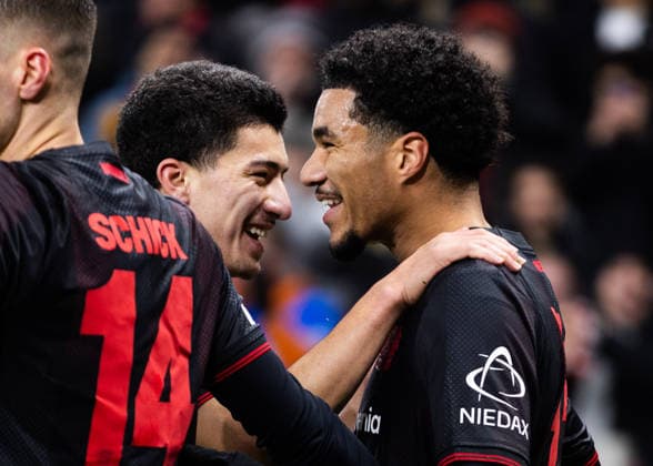 Leverkusen, Bayarena, 28.01.2026: Malik Tillman of Leverkusen (R) celebrates scoring the 1:0 goal with Ibrahim Maza of Leverkusen during the Championsleague match Bayer 04 Leverkusen vs. FC Villarreal.