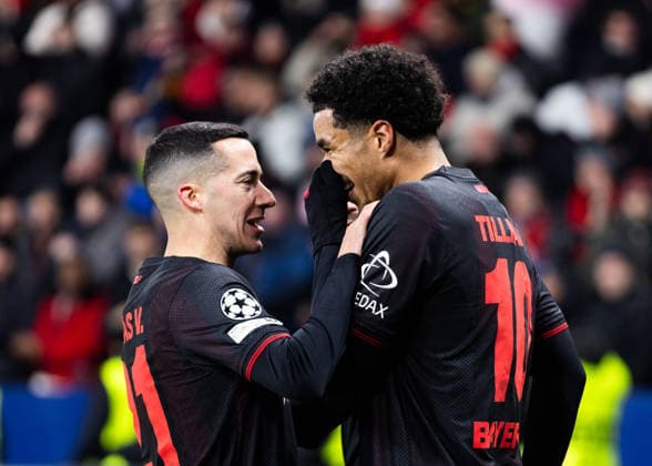 Leverkusen, Bayarena, 28.01.2026: Malik Tillman of Leverkusen (R) celebrates scoring the 1:0 goal with Lucas Vazquez of Leverkusen during the Championsleague match Bayer 04 Leverkusen vs. FC Villarreal.