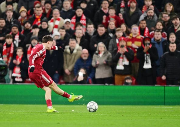 Liverpool, England, 28th January 2026. Florian Wirtz of Liverpool scores their second goal during the Liverpool vs Qarabag FK UEFA Champions League match at Anfield, Liverpool. Picture credit should read: Harriet Massey Sportimage EDITORIAL USE ONLY. No use with unauthorised audio, video, data, fixture lists, club league logos or live services. Online in-match use limited to 120 images, no video emulation. No use in betting, games or single club league player publications. SPI_036_HM_Lpool_Qarabag SPI-4487-0035